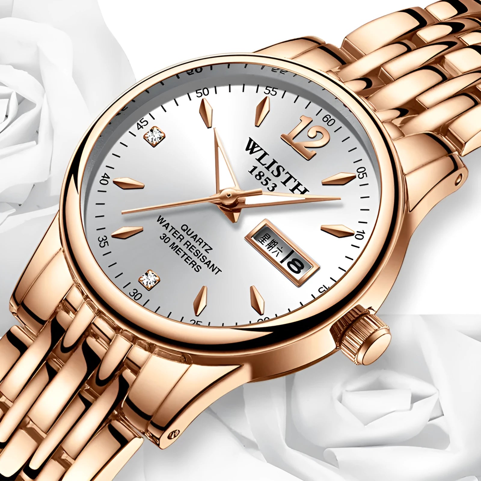 WLISTH women rose gold stainless steel dress watch with 25mm case, luminous hands, and week date display on a light background