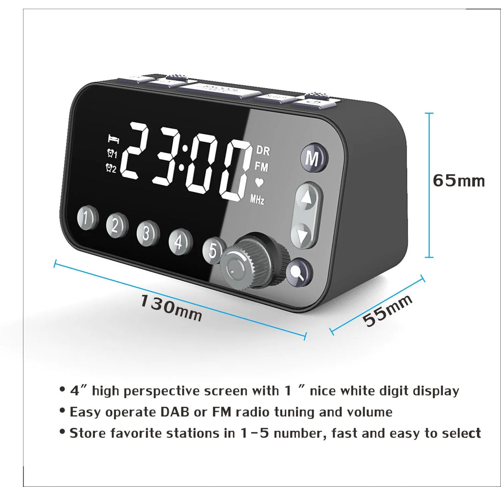 Black DAB bedside alarm clock with large LED display, USB charging ports, and pig tail antenna