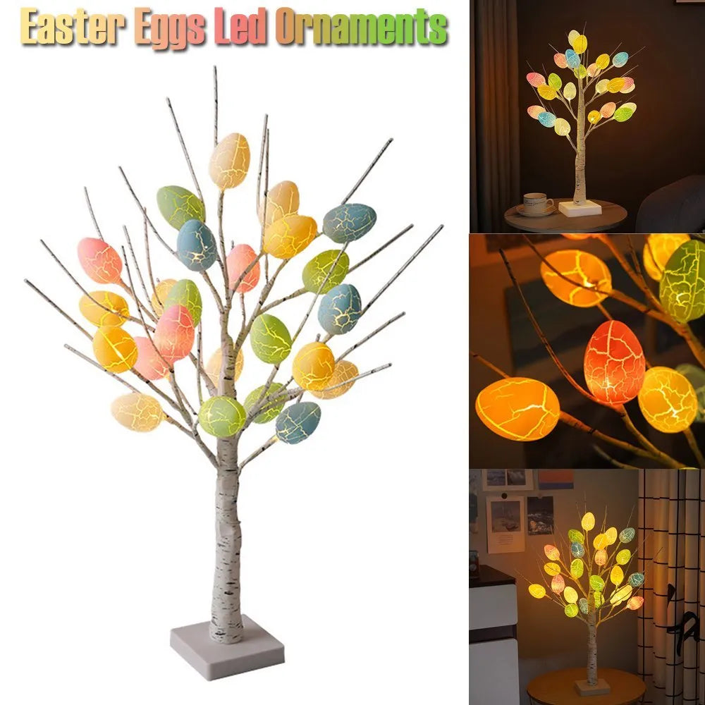 White LED birch tree with black bark markings and cracked egg ornaments, 60cm tall with adjustable branches