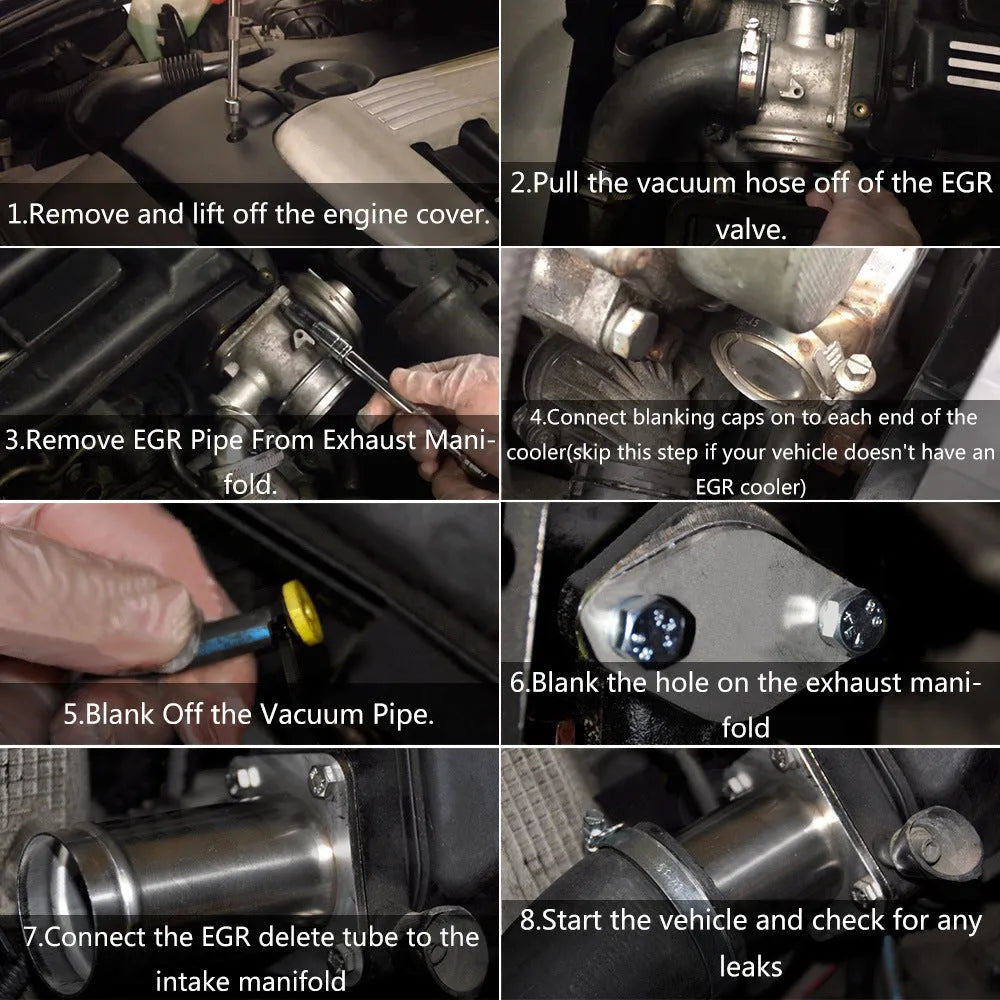 BMW E46 diesel EGR delete kit showing black anodised removal pipe, blanking plates, bolts, and vacuum plug