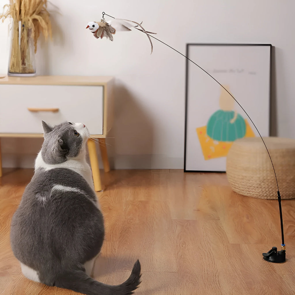 Cat teaser stick with feather head, 75cm steel wire rod and 13.5cm PVC handle