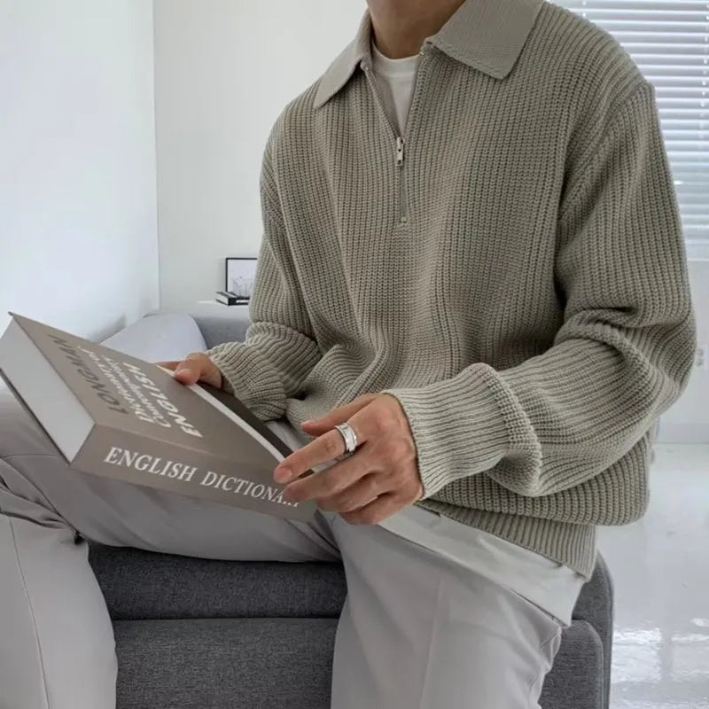 Men's loose lapel sweater pullover in khaki, black or gray, light business knitwear, sizes M to 3XL