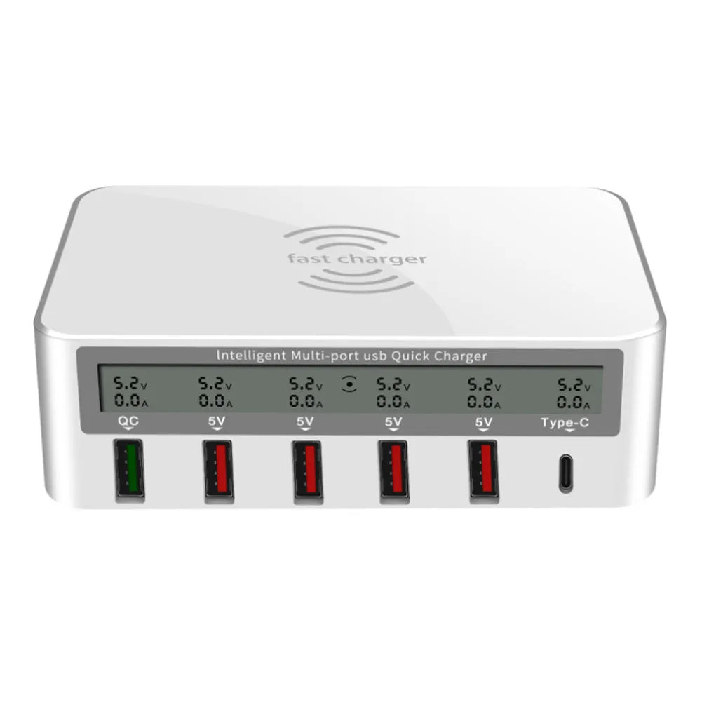 White six-port desktop USB charging station with 5 USB-A and 1 USB-C ports showing QC3.0 fast charge label