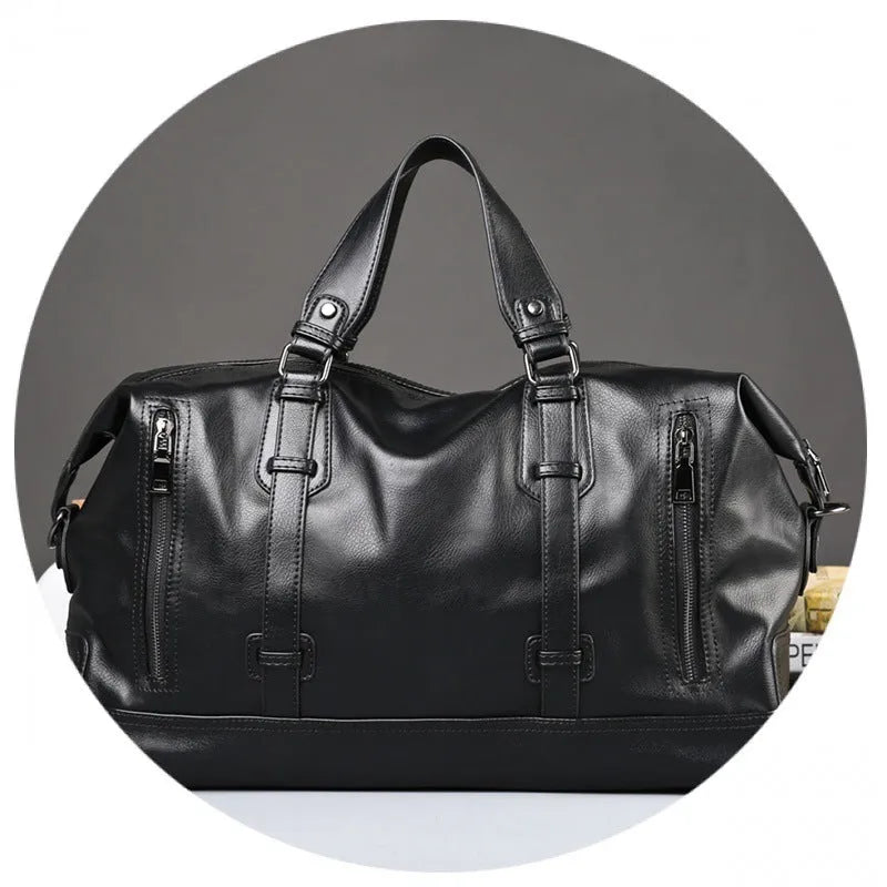 Large-capacity black PU leather handbag with shoulder strap and notebook compartment