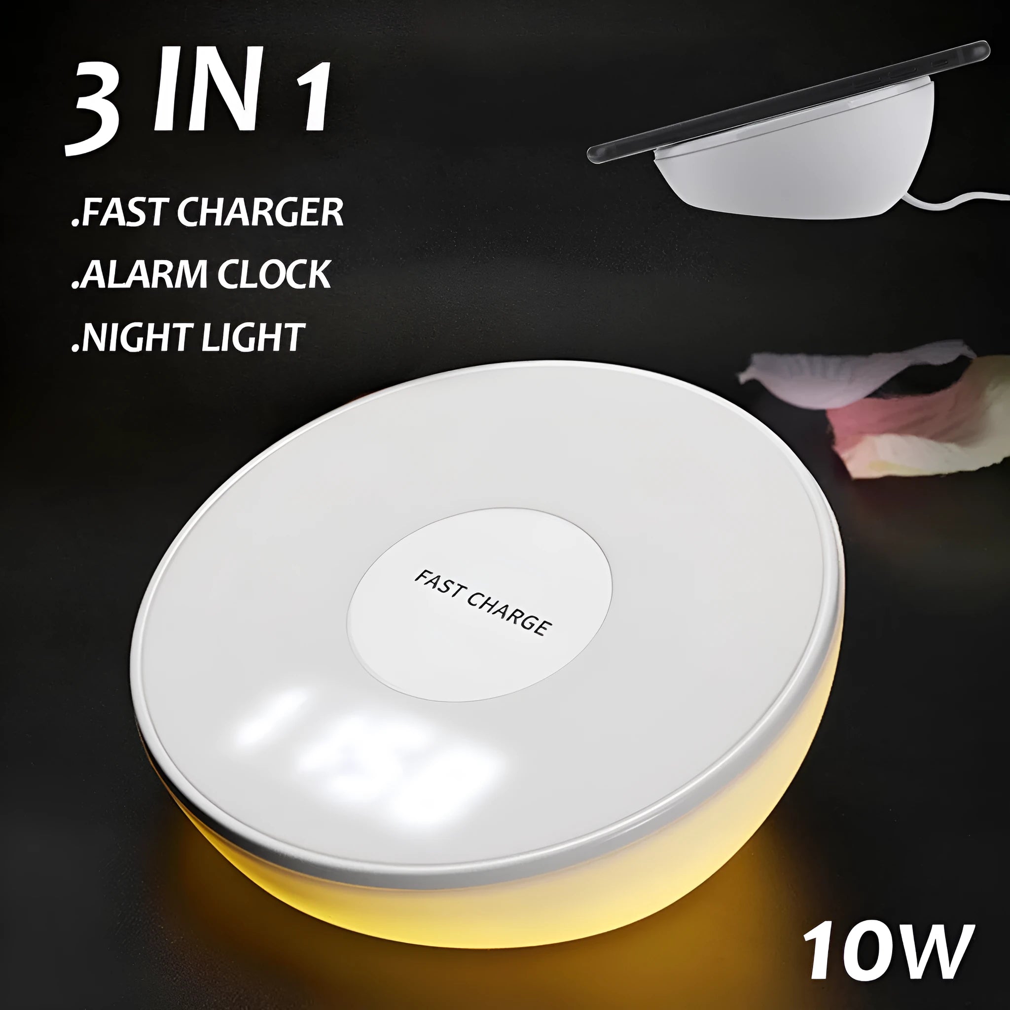 White wireless charger with digital clock display, alarm buttons and night light function