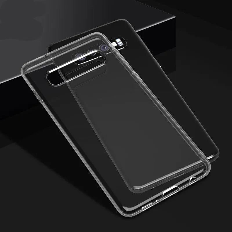 Transparent TPU Samsung S10 mobile phone case showing S10, S10e and S10 Plus compatibility