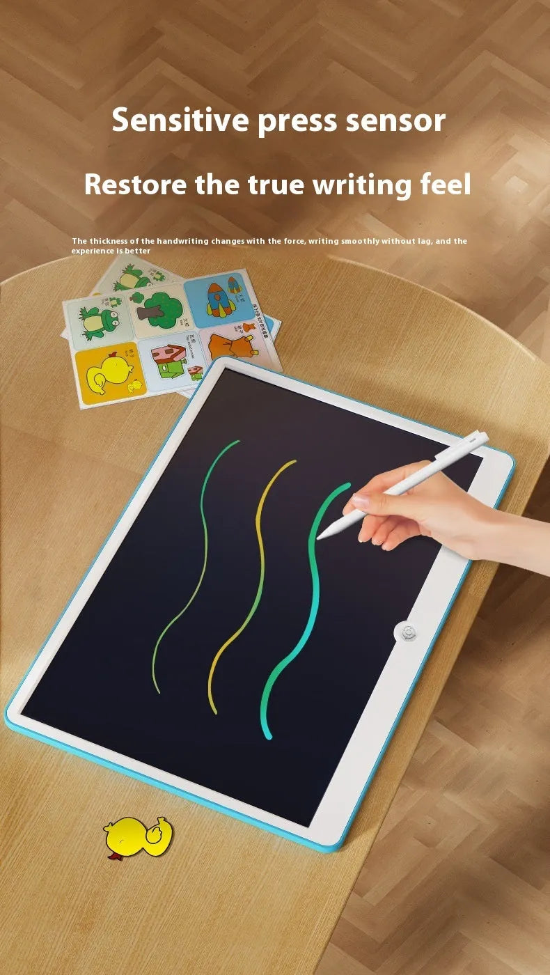 19-inch LCD drawing board for kids with blue and white frame on a wooden table.