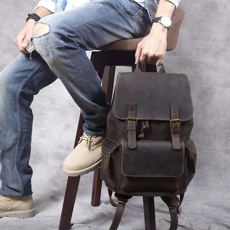Retro crazy horse leather backpack in brown with denim lining and double shoulder straps