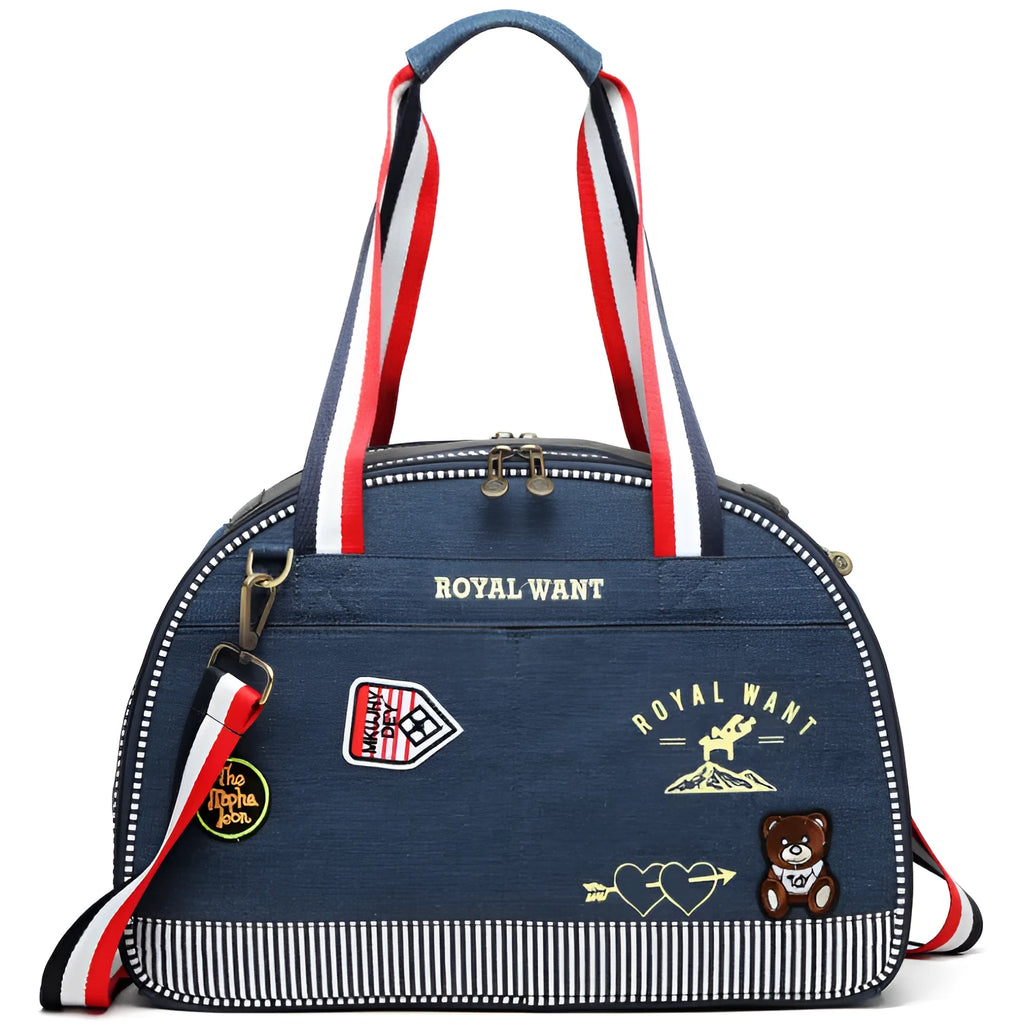 Blue denim Japanese-style pet carrier bag with cartoon pattern, dimensions 43x20x30cm.