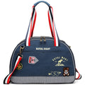 Blue denim Japanese-style pet carrier bag with cartoon pattern, dimensions 43x20x30cm.