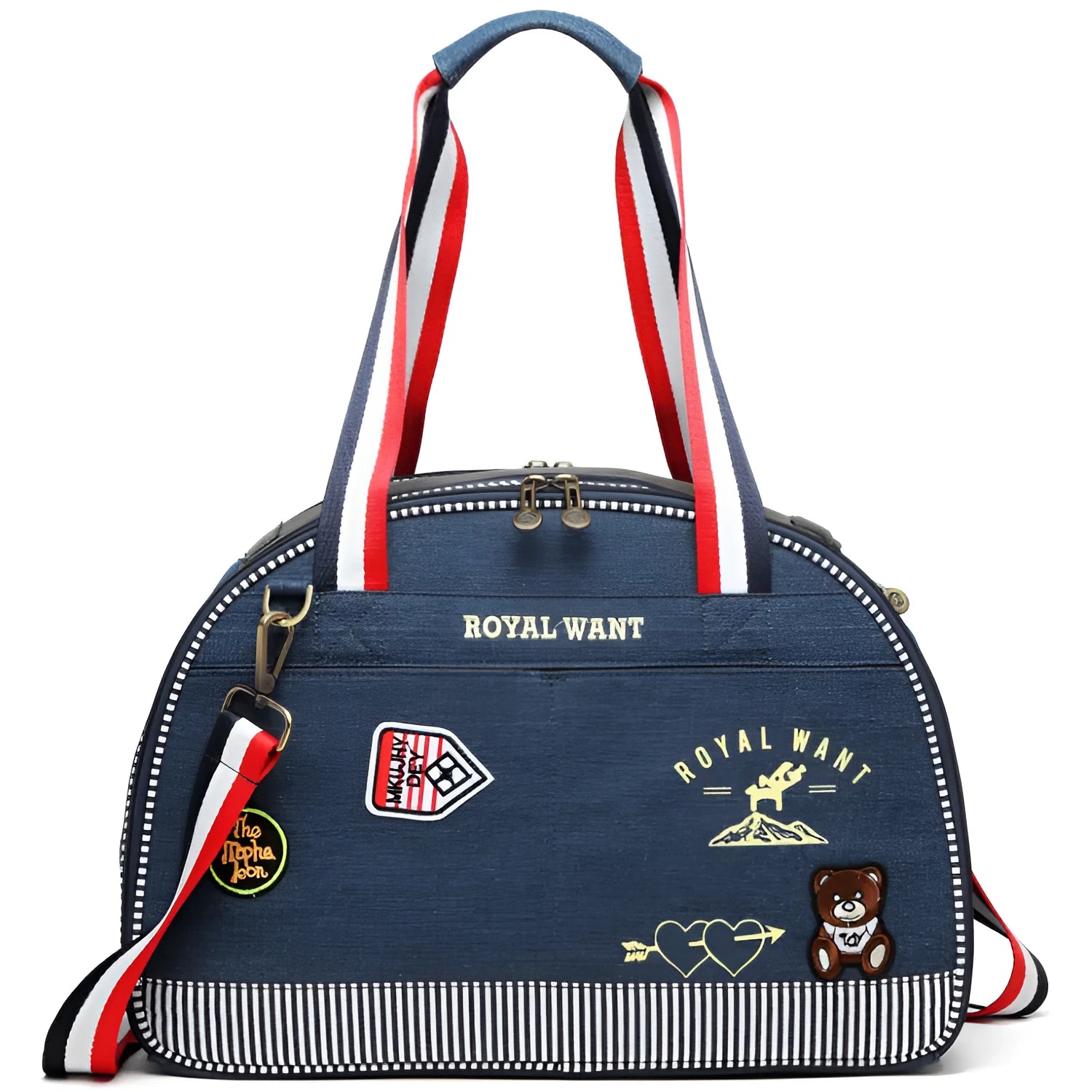 Blue denim Japanese-style pet carrier bag with cartoon pattern, dimensions 43x20x30cm.