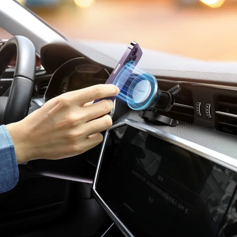 Black magnetic suction mobile phone holder with double tail clip for air vent, compatible with iPhone 12-14