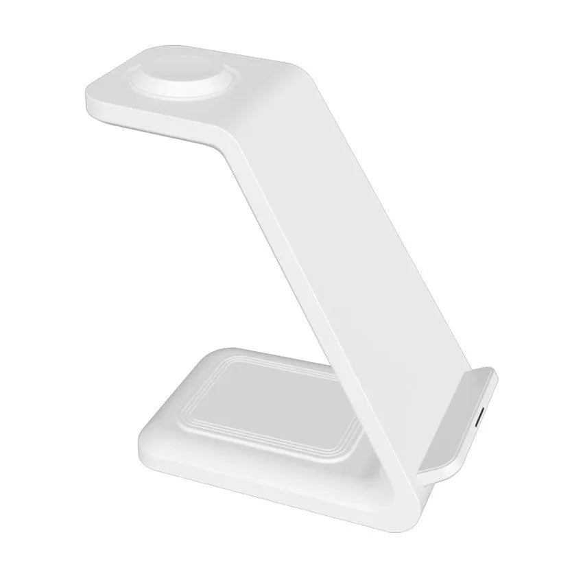 White 3-in-1 wireless charging stand holding a mobile phone upright next to wireless earbuds on its base.