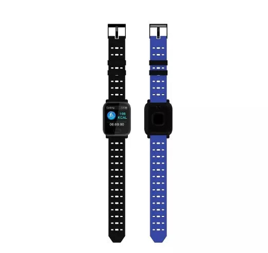 A6 smart bracelet with colour screen and silicone strap shown in blue, black, and orange colours.