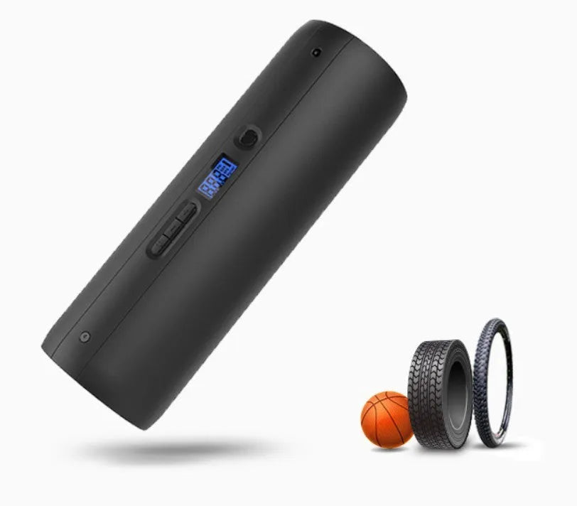 Black cordless bike inflator 150PSI with LCD display, air tube, and converters, size 5 x 5 x 18cm