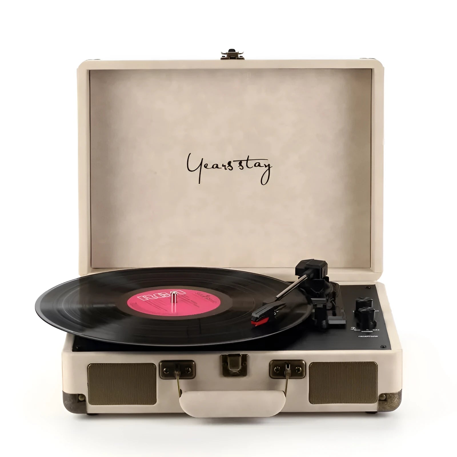 Portable Bluetooth vinyl turntable in a leather carrying case shown in multiple colour options