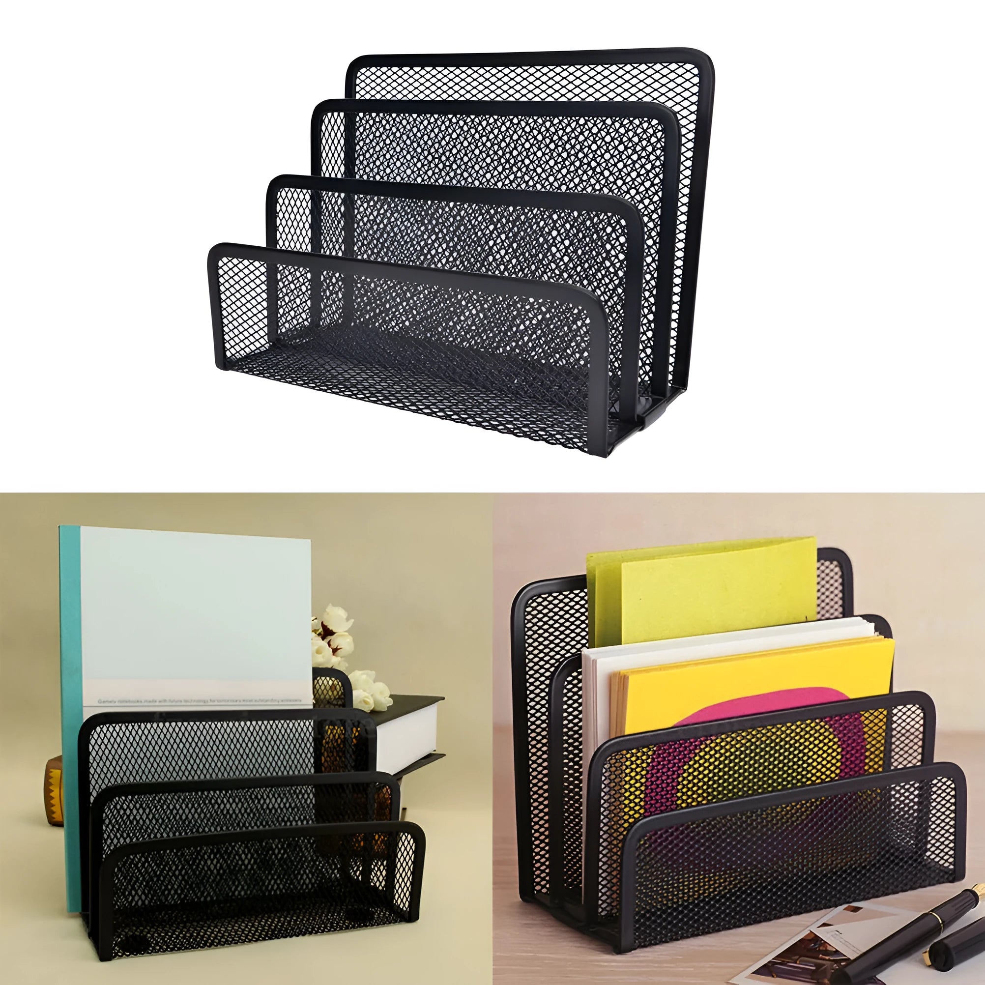 Grey mesh 3-tier letter file holder with metal frame on a desk, dimensions 170x135x78mm