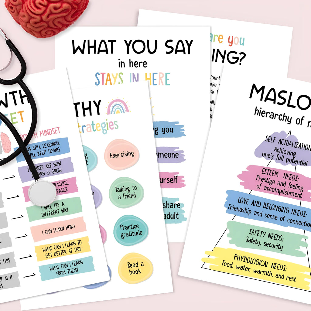 Set of 12 mental health posters on coated paper with bright film finish, 255x355mm each, with glue dots