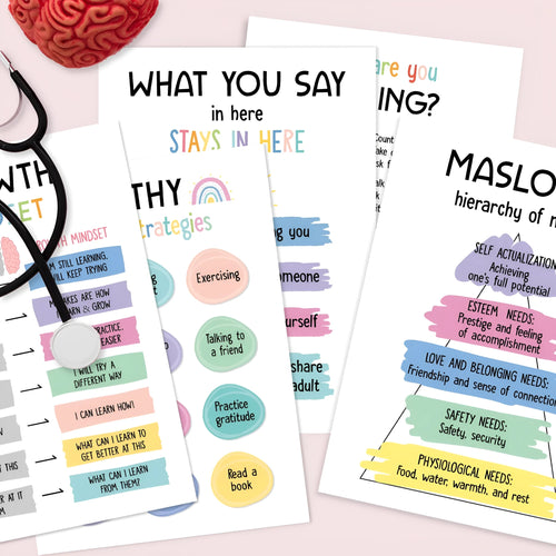 Set of 12 mental health posters on coated paper with bright film finish, 255x355mm each, with glue dots