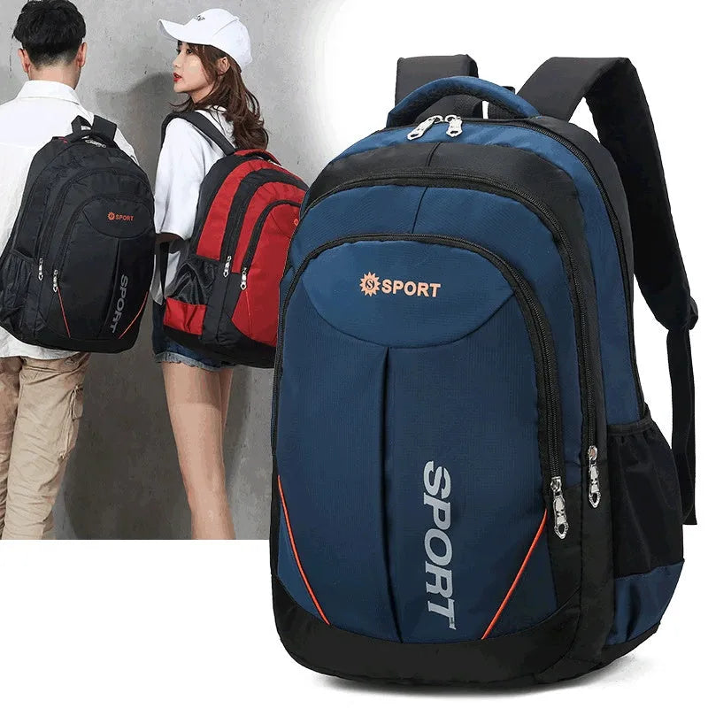 Large capacity nylon backpack for men in black colour with curved shoulder straps and letter patterning
