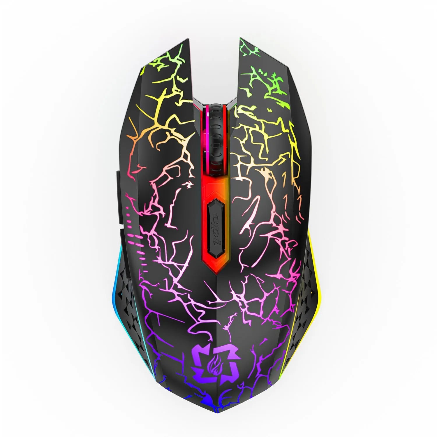 Black and white wireless gaming mouse with RGB lighting on desk with charging cable