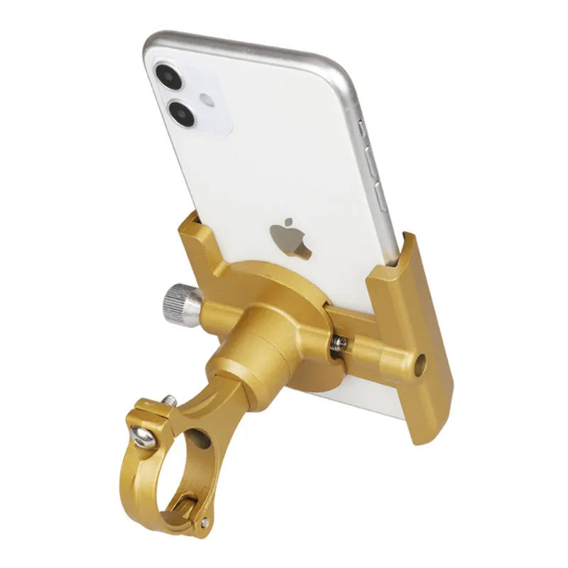 Aluminium alloy bicycle phone holder mounted on handlebars, showing adjustable clamp and phone grip.