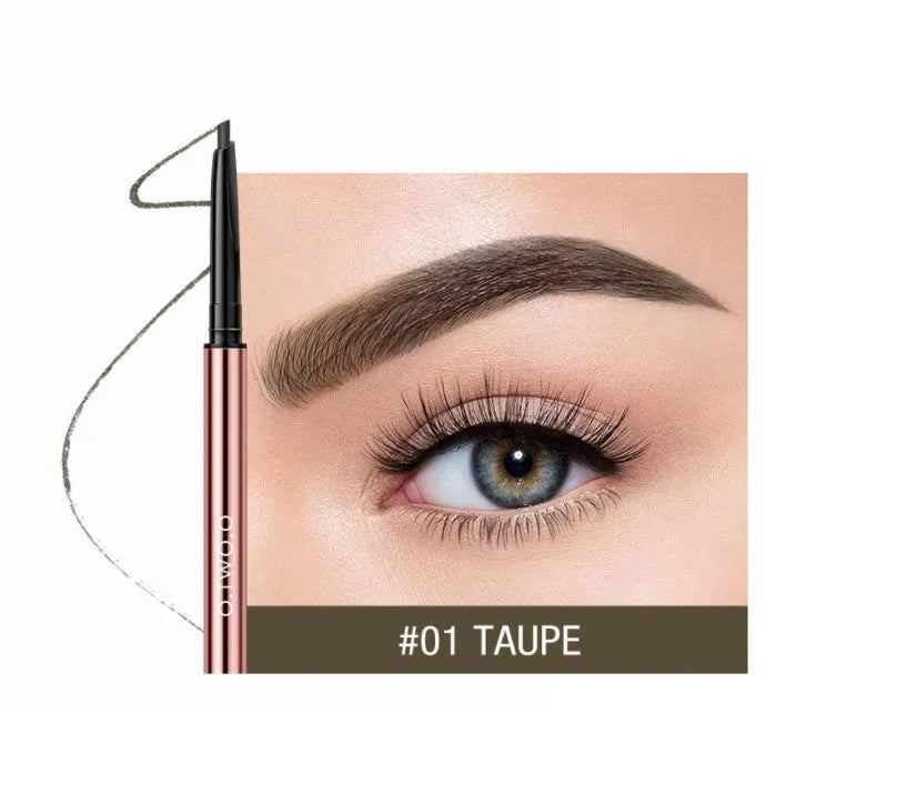 Eyebrow make-up pencil in colour box with six shade options including auburn and taupe.