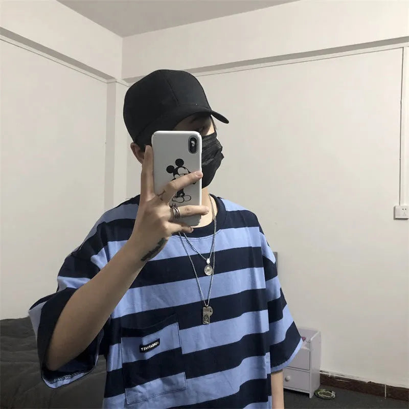 Striped short sleeve t-shirt in blue and yellow colours