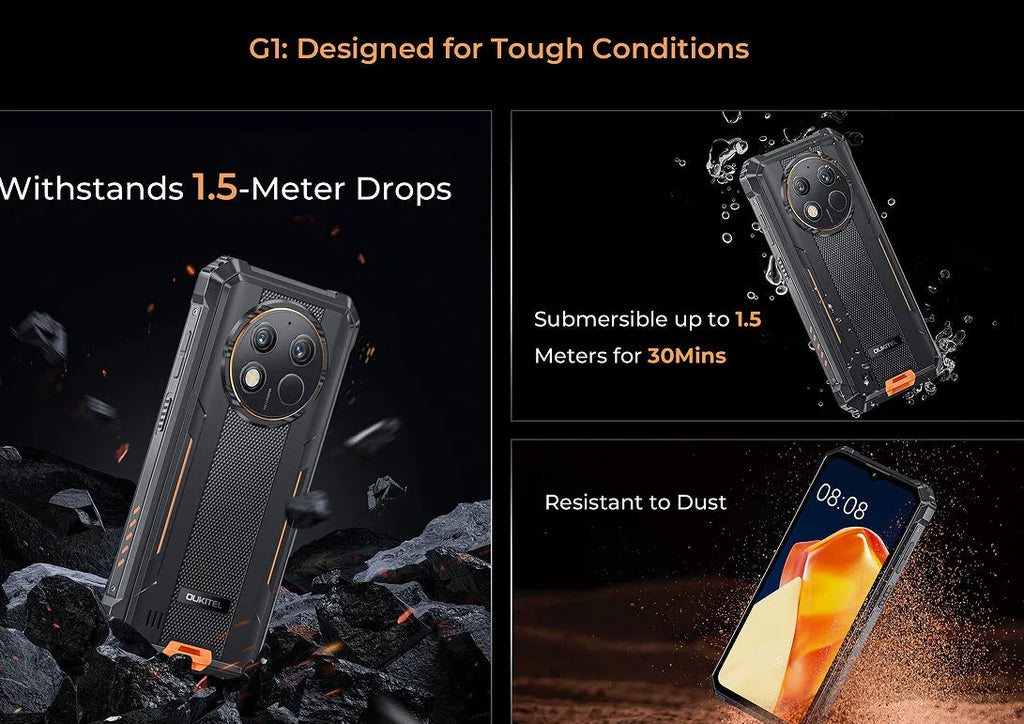 OUKITEL G1 mobile phone in green, grey, or orange colour with included charger and manual.