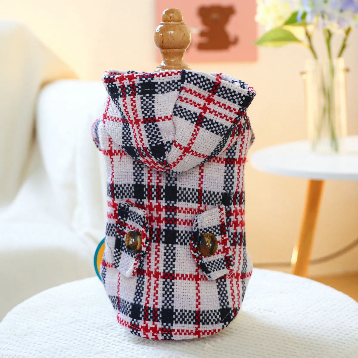 Red plaid polyester dog trench coat with measured sizing for autumn and winter warmth