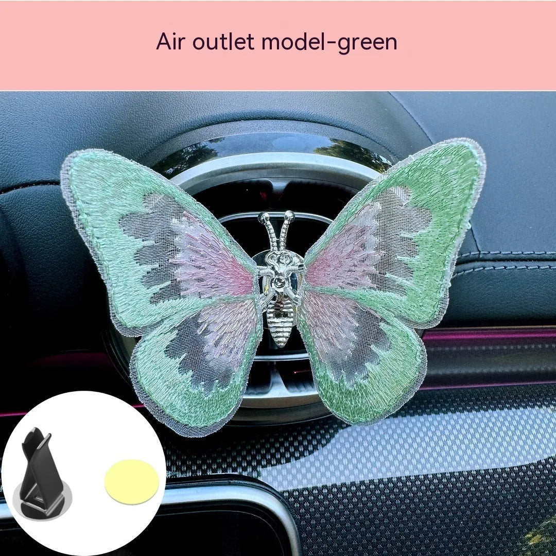 Moving embroidery butterfly fabric car centre console air vent decoration in multiple colour options