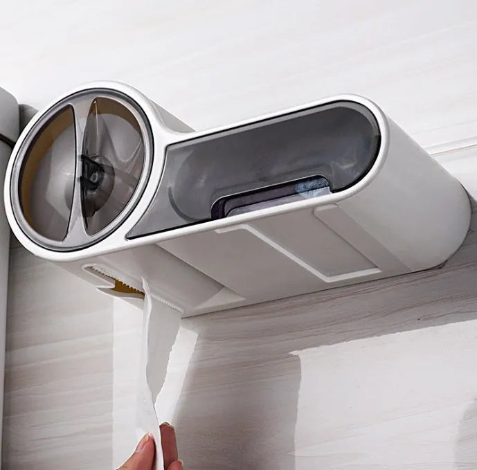 White plastic toilet roll holder with curved design on bathroom surface