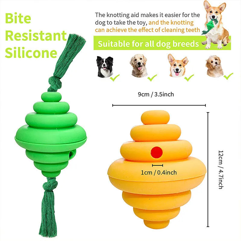 Green and yellow spiral dog ball with attached rope for tug-of-war and treat dispensing