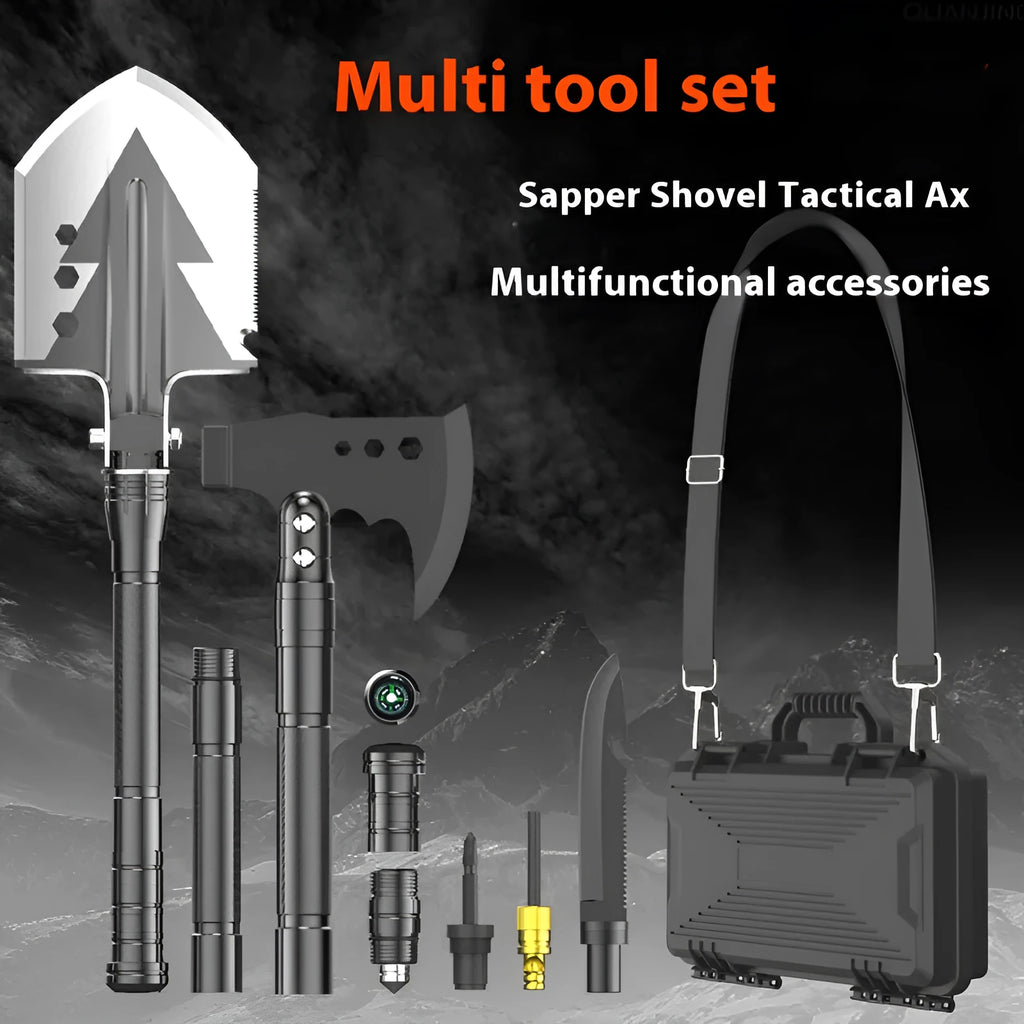 Black multifunctional military shovel hammer set with axe head and knife, 80cm long, with accessories laid out next to suitcase.