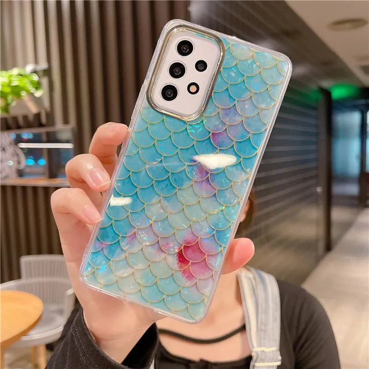 Kauri watercolor marble rainbow fish scale Samsung phone case with non-slip TPU, style options A-E.
