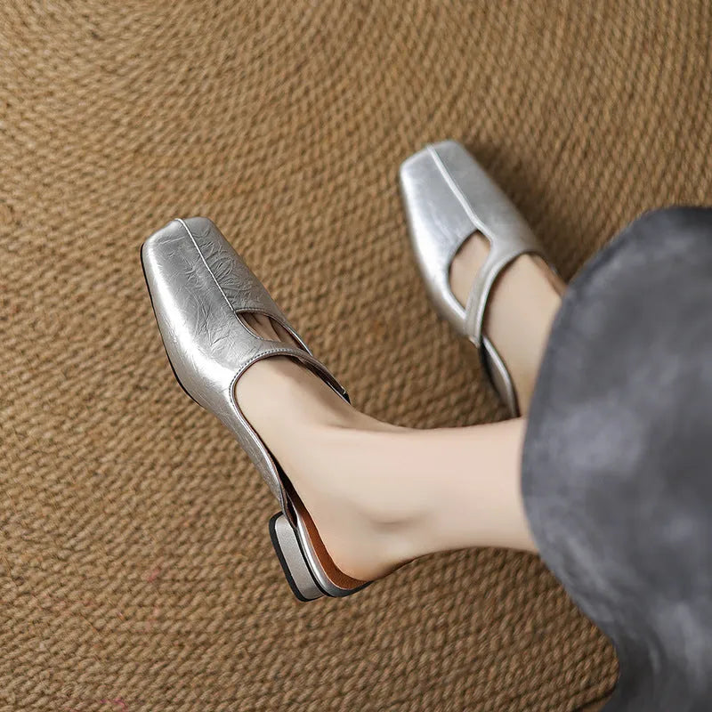 Square head low heel leisure slipper in artificial PU, shown in black, beige, and silver colour options.