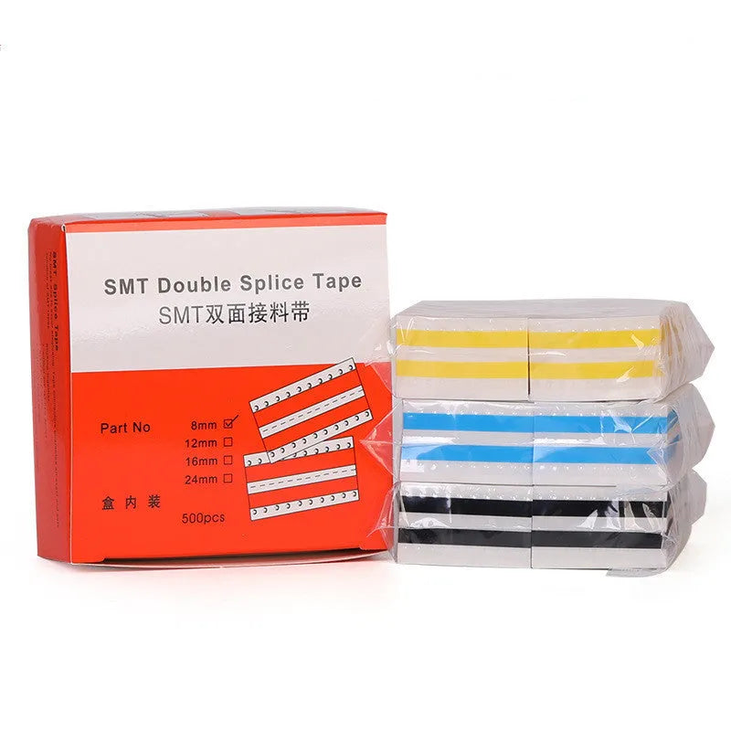 Reels of yellow, black, blue, and beige SMT double-sided splicing tape in various widths.
