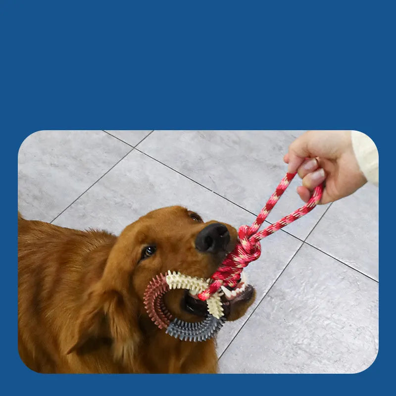 Blue, red, and rose red braided rope dog toy with a large central knot.