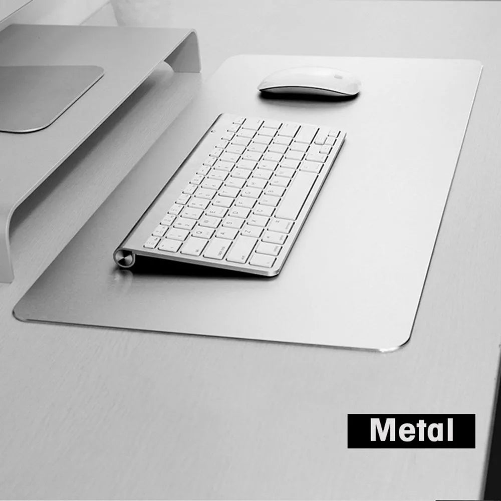 Aluminium alloy double-sided mouse pad with wrist support, USB hub, and hand warmer, in black, gold, or silver.