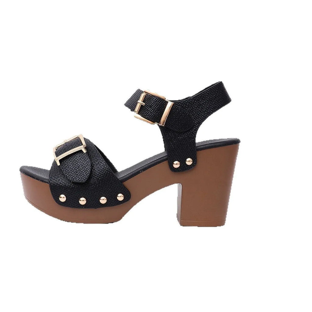 Beige plus-size women's sandals with a thick high heel, fish mouth toe, and an ankle buckle with metal rivets.