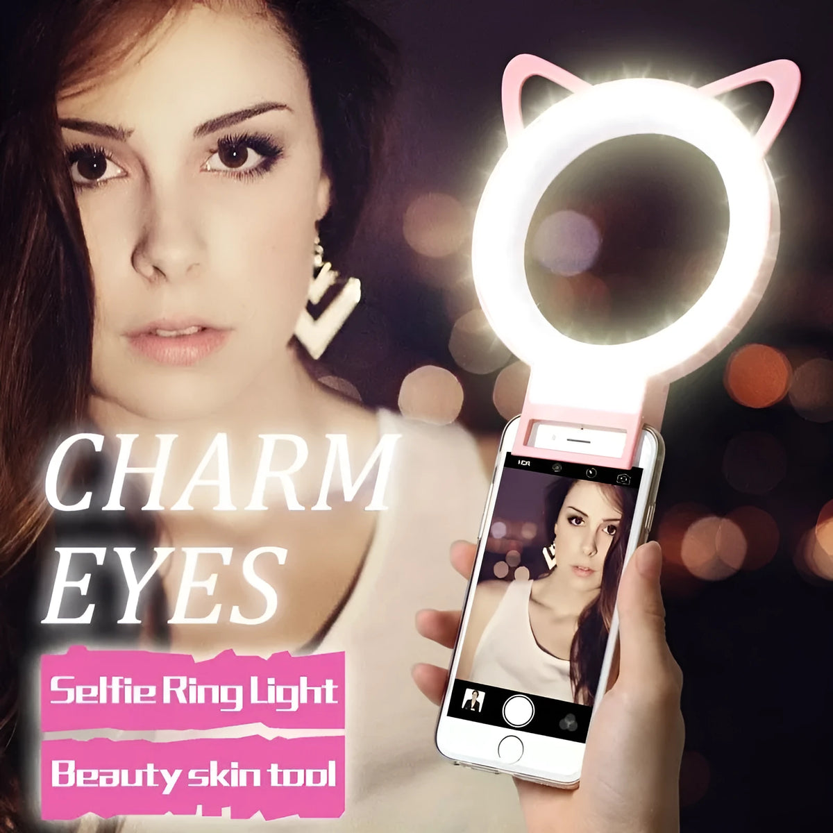LED selfie ring light clipped to a phone, USB powered, available in white pink blue black ABS