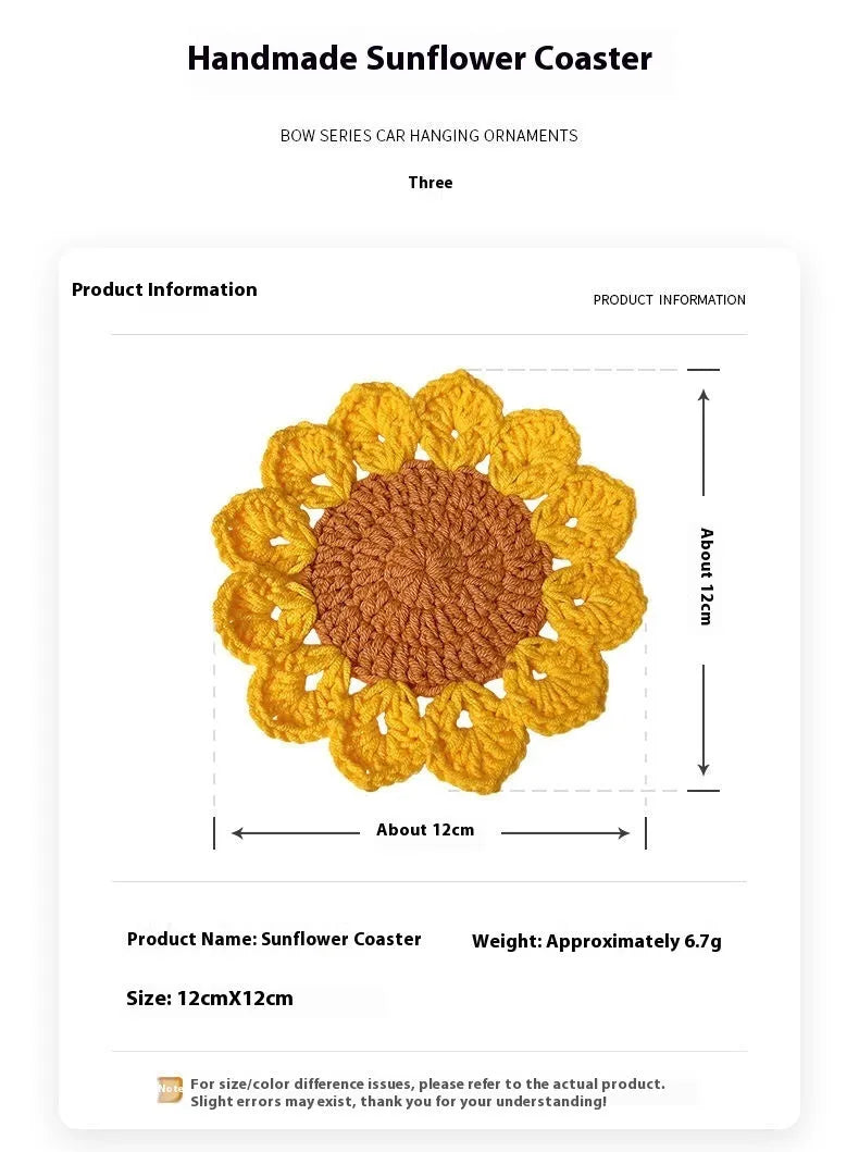 Hand-woven circular wool coaster with floral pattern, 10.5cm diameter
