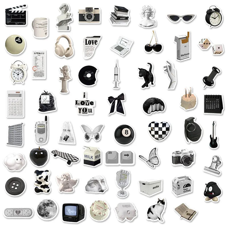 61-piece pack of black and white PVC waterproof decorative stickers laid flat.
