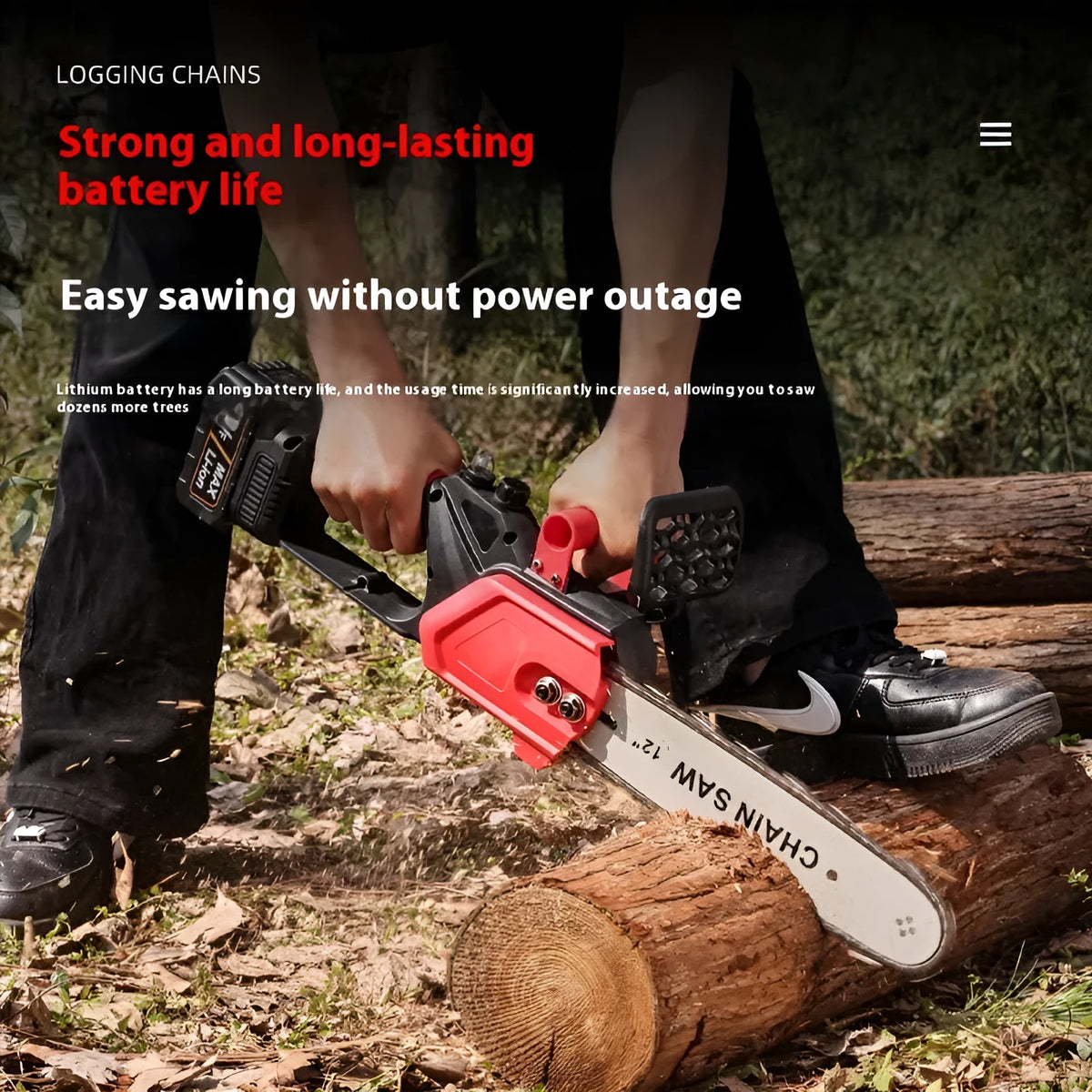 Red 12-inch handheld chainsaw with brushless D1 motor, manganese steel chain, and rechargeable lithium battery