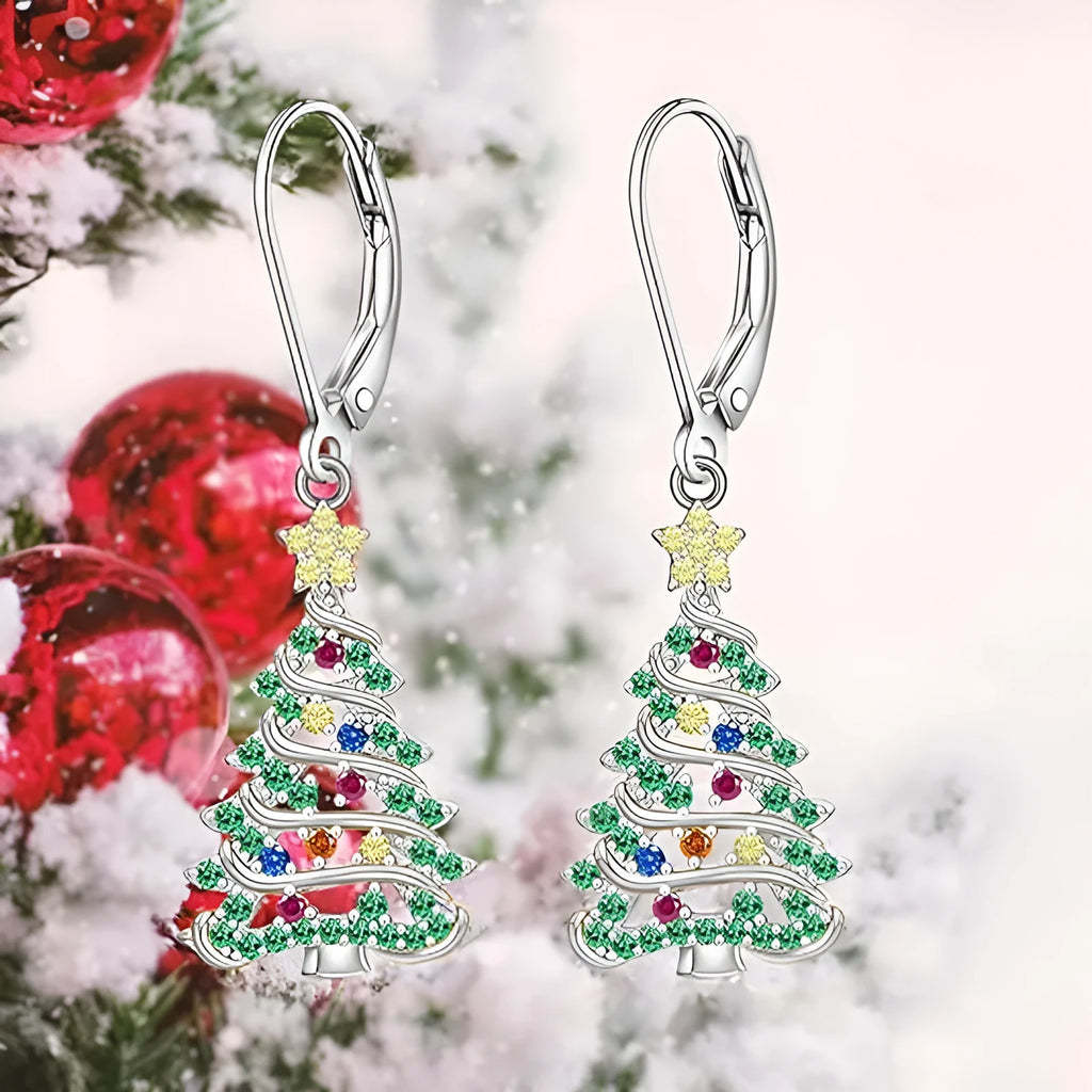 White gold coloured Christmas tree earrings for women with star accents on copper pendant