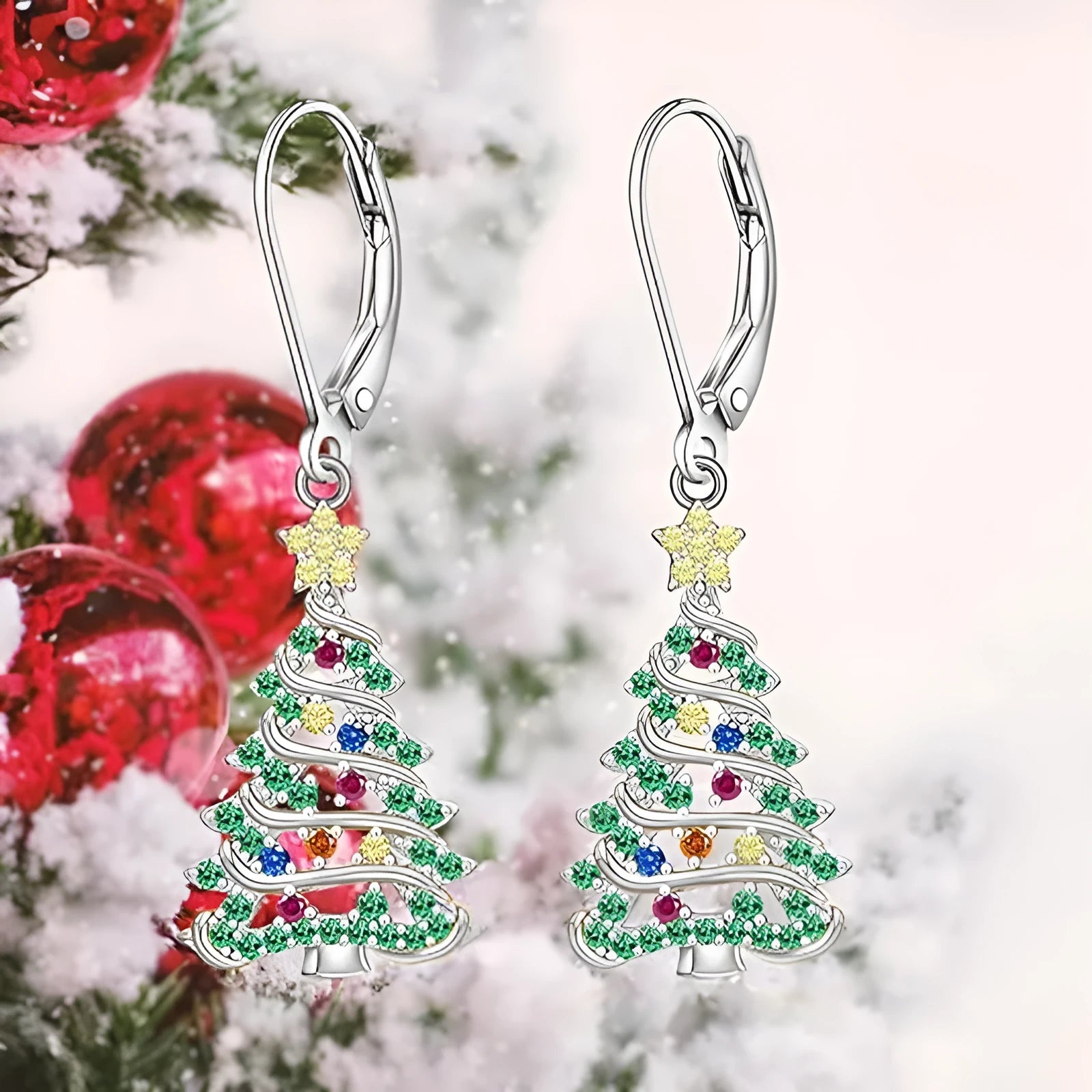 White gold coloured Christmas tree earrings for women with star accents on copper pendant