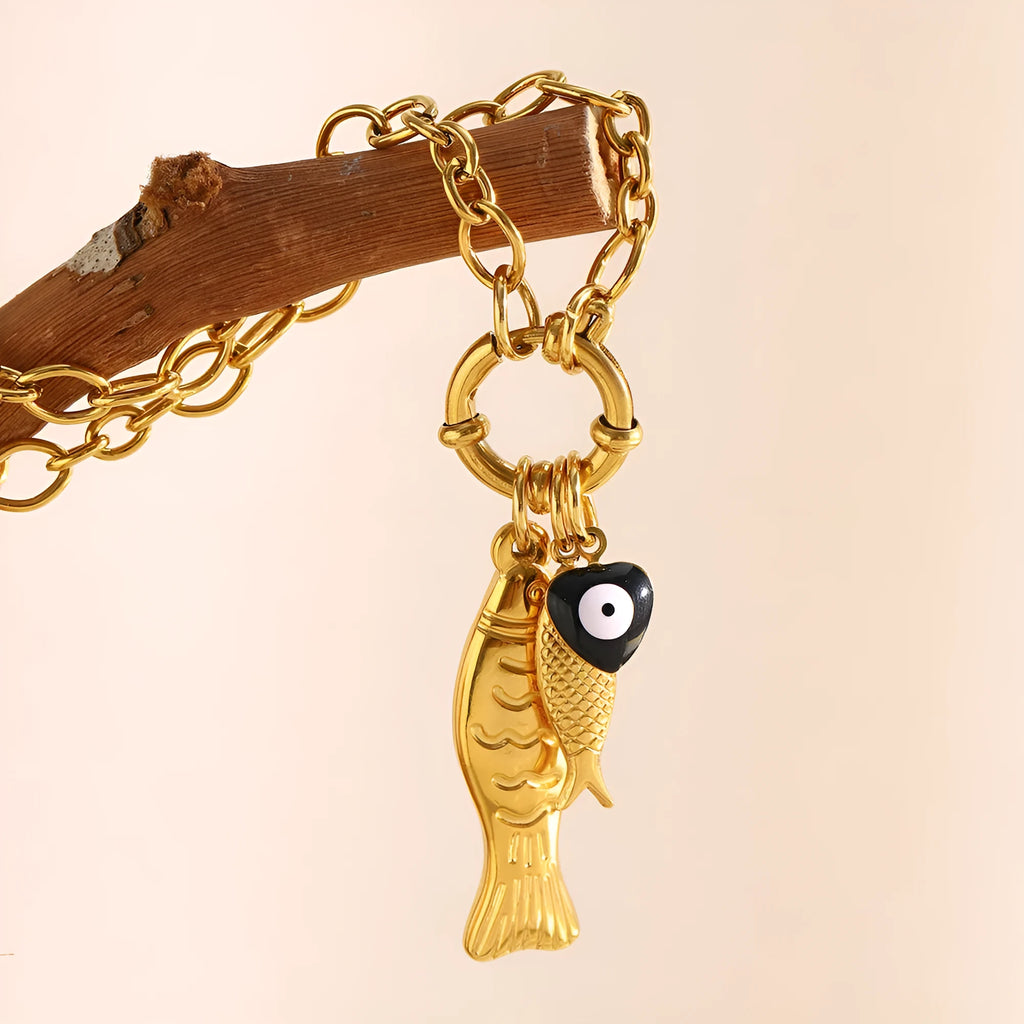 Stainless steel 18K gold plated little fish spring fastener pendant necklace on O-shaped chain, gold colour, women's adjustable 41-50cm
