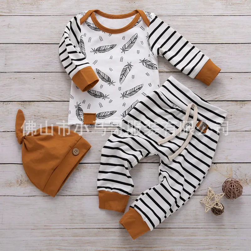 Children's striped cotton three-piece set with hat, top, and pants in Mibaise colour