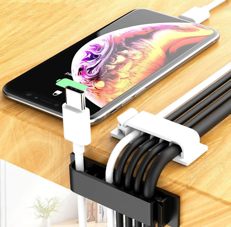 Self-adhesive plastic cable organizer clips in black or white with 1, 5, or 8 holes for charging and power cables