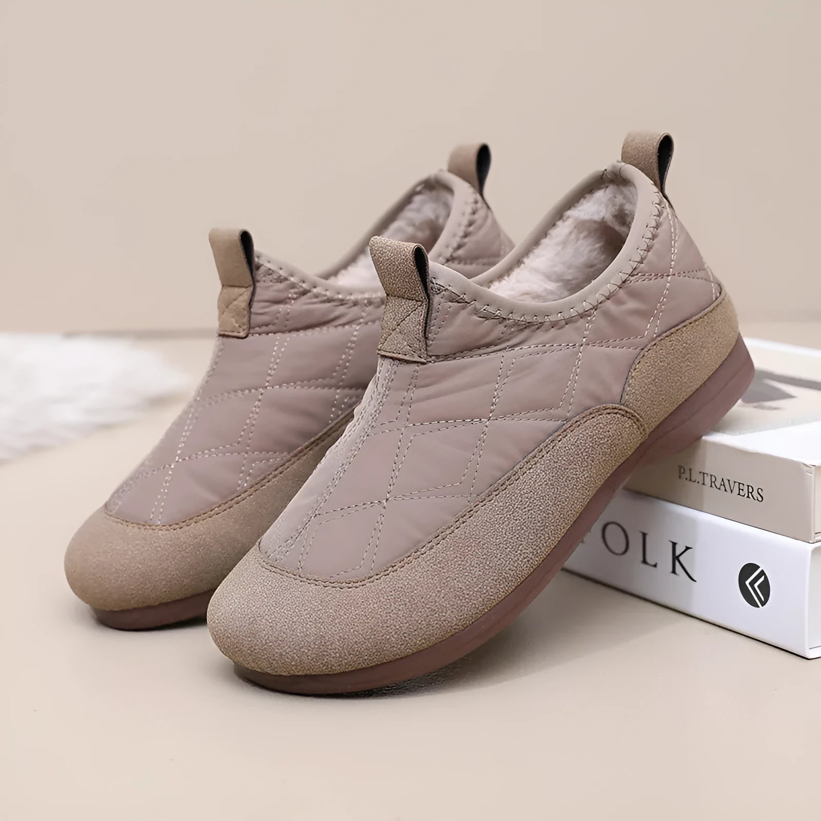 Women's winter cloth shoes with umbrella cloth upper and flat PVC sole, shown in solid colour